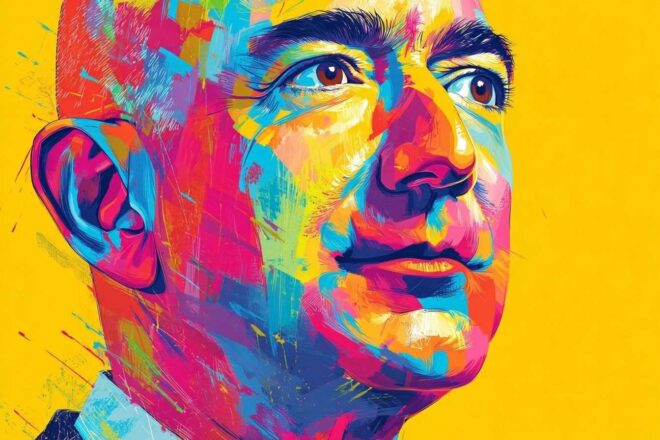 Image de pop art vive représentant un entrepreneur high-tech dans un style coloré et stylisé.